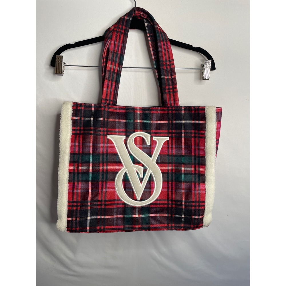 Victoria's Secret Red Plaid Holiday Tote Bag Faux Shearling Trim VS Logo Large